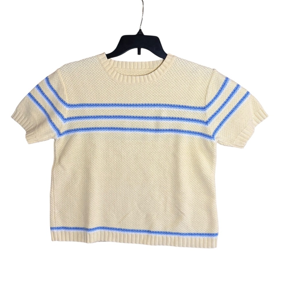 Vintage 90s Unknown Brand Yellow & Blue Striped Short Sleeve Knit Sweater-Medium